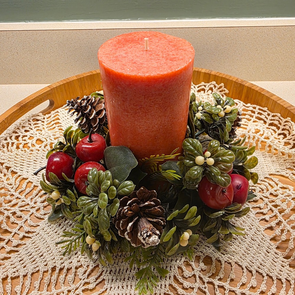 Vintage 80s Plastic Candle Ring Mini Wreath 8" Apples Pinecones Christmas
